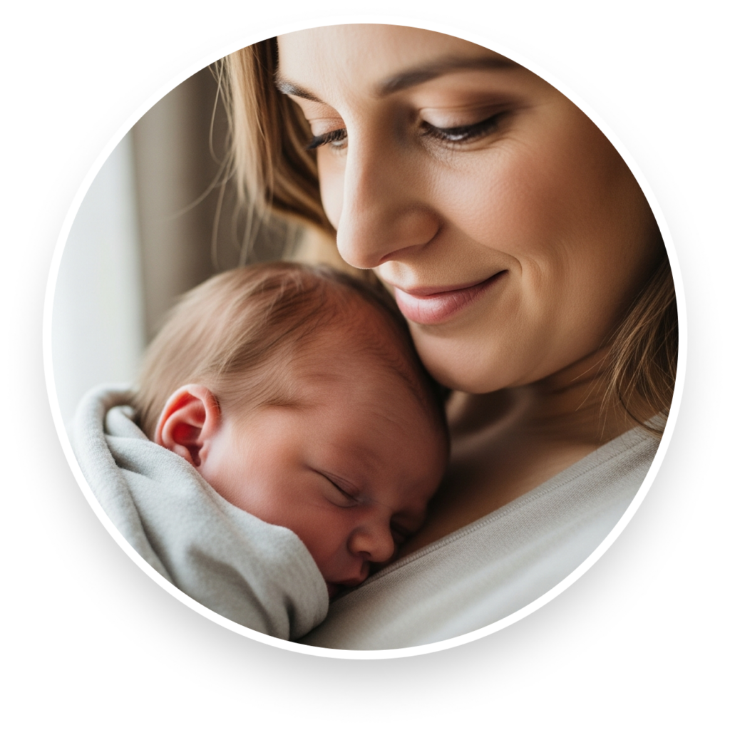 woman smiling with baby sleeping on  her chest
