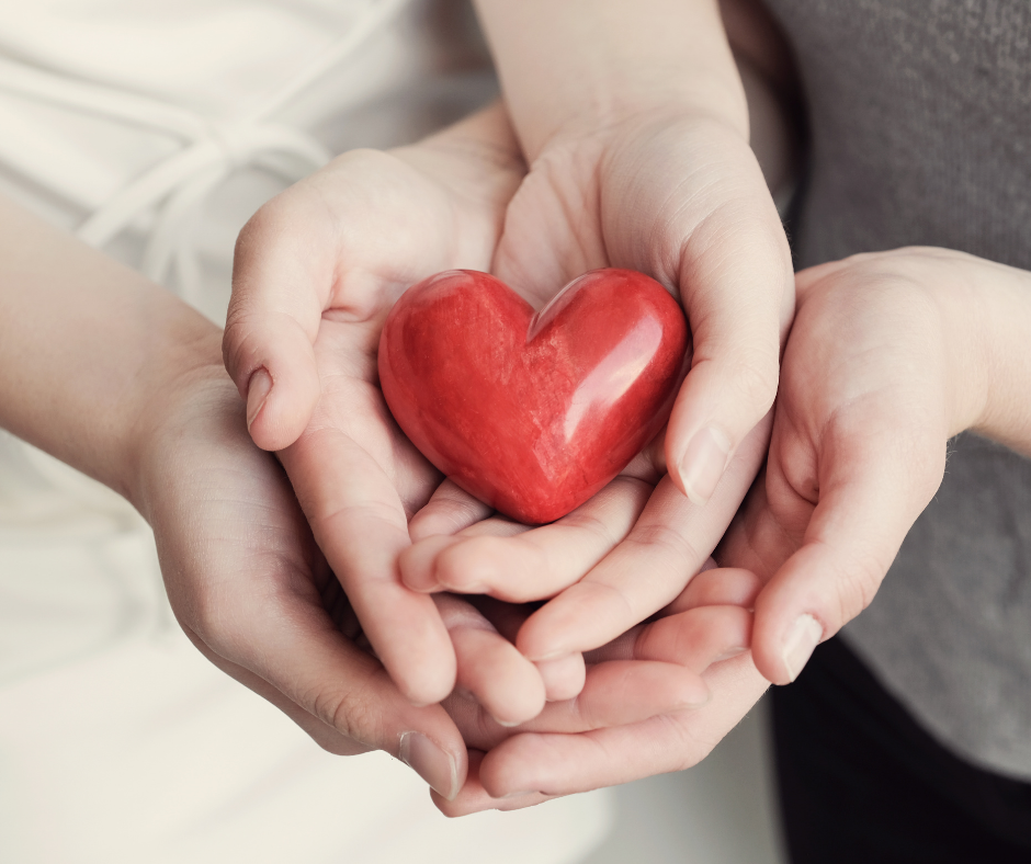 four hands cupped together holding up a red ceramic heart